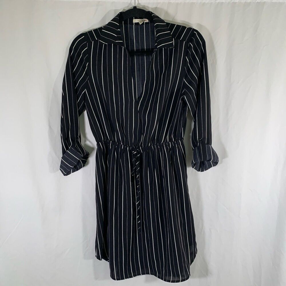Le Lis Knee Length Dress Women's Medium Black Striped Belted Pockets Long Sleeve